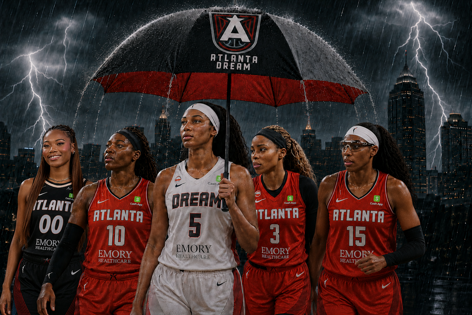 Atlanta Dream players standing together beneath an Atlanta Dream umbrella during a thunderstorm