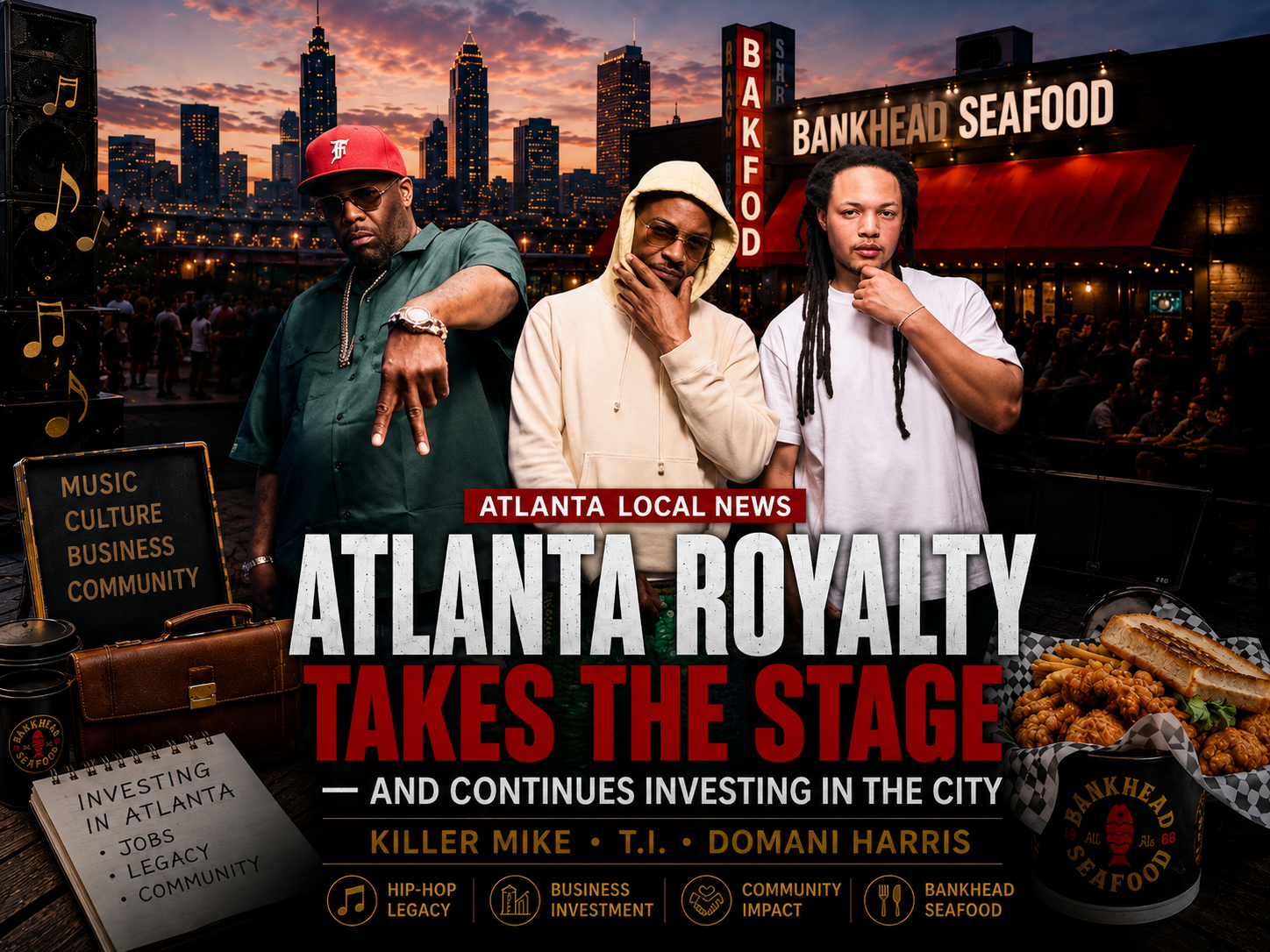 Killer Mike, T.I., and Domani Harris performing outside Bankhead Seafood with the Atlanta skyline behind them.