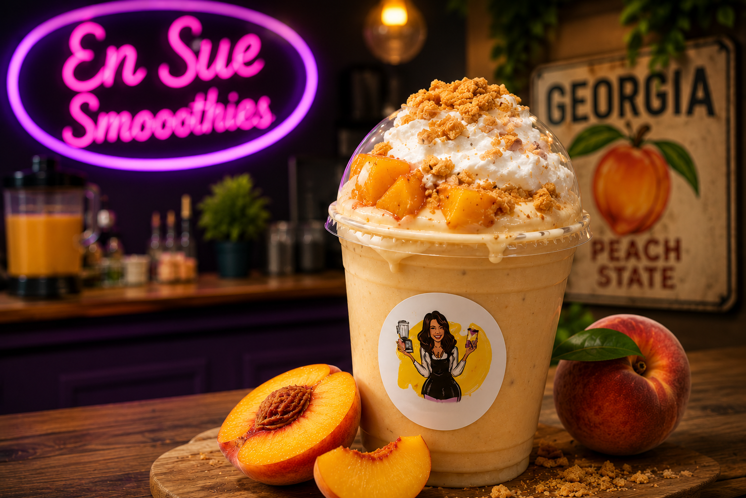 An En Sue Peach Cobbler Smoothie celebrating Georgia peach season.