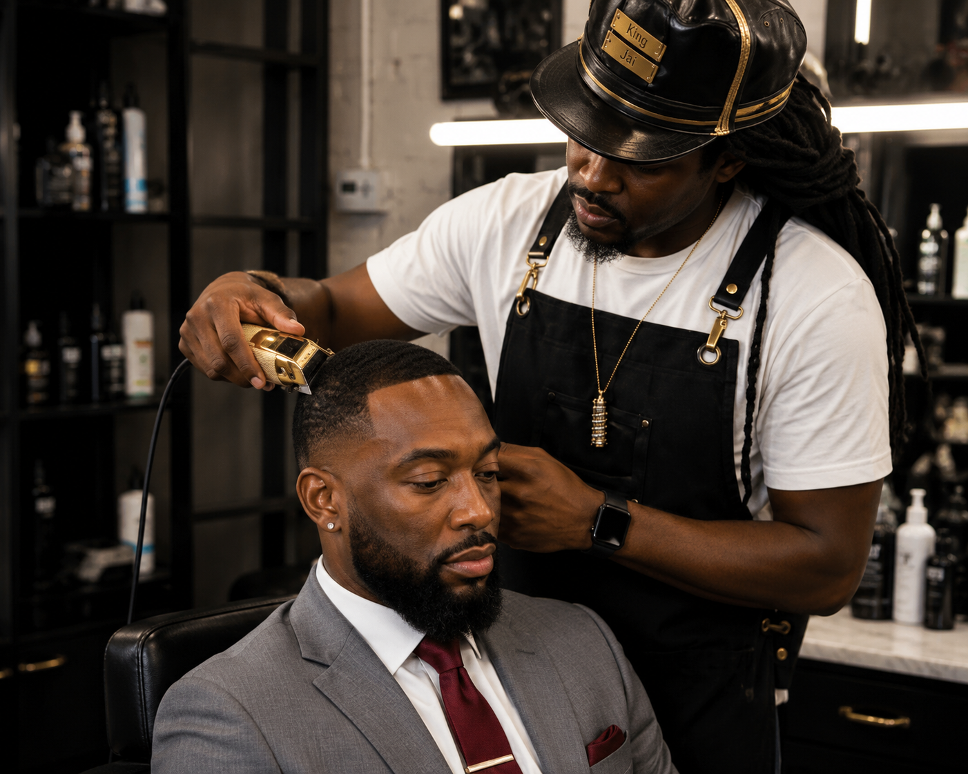King Jai of GROOMZMEN Gentlemen's Refinery cutting hair in Little Five Points